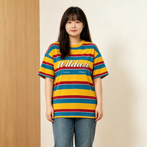 大码胖mm黄色条纹撞色短袖T恤女