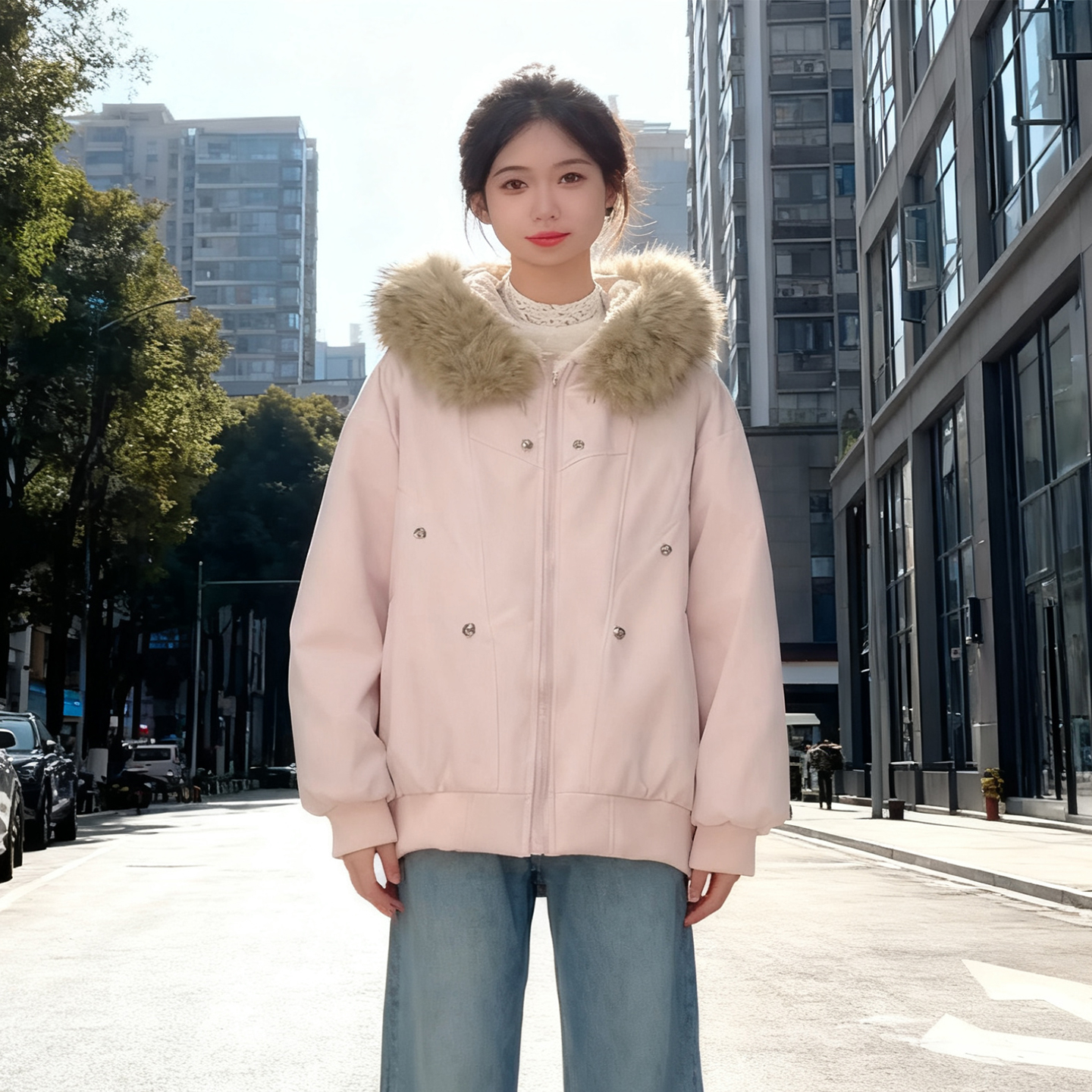 大码胖mm粉色座山雕毛领连帽外套