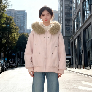 大码 加绒加厚保暖棉衣棉服 胖mm粉色座山雕毛领连帽宽松外套女冬季