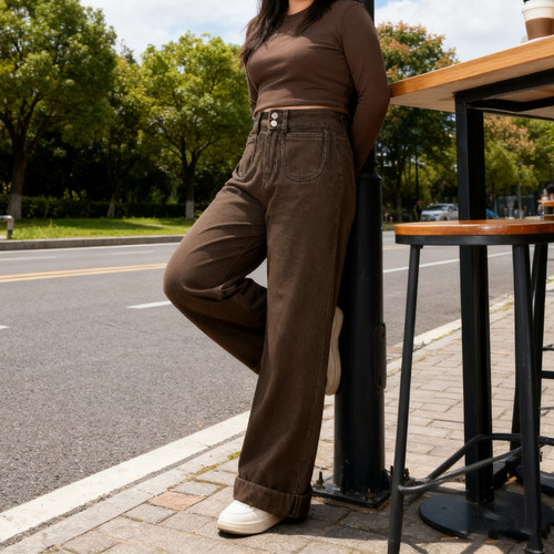 大码高腰阔腿美拉德咖色牛仔裤女