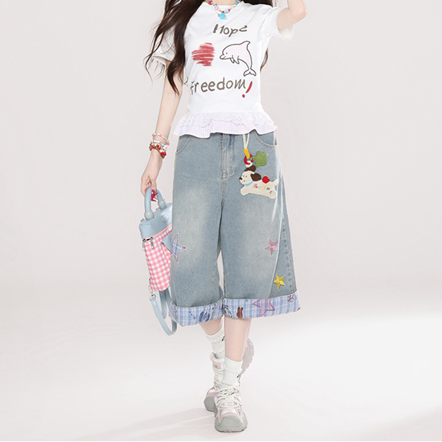 300斤大码美式复古七分牛仔裤女