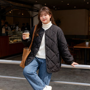 大码 胖mm菱格黑色棉服女宽松加厚保暖休闲百搭小个子加厚外套 女装