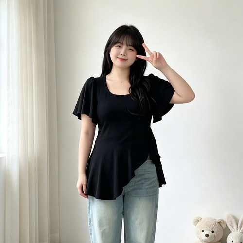 大码胖mm设计感荷叶边短袖T恤女