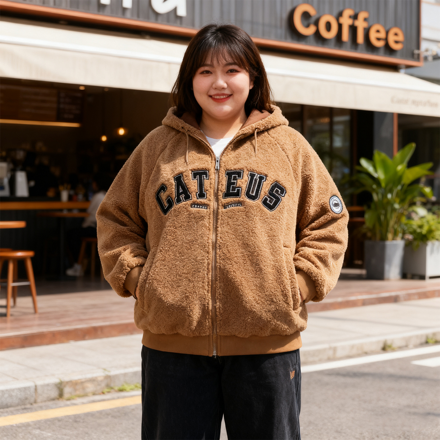 大码女装双面穿羊羔毛连帽外套