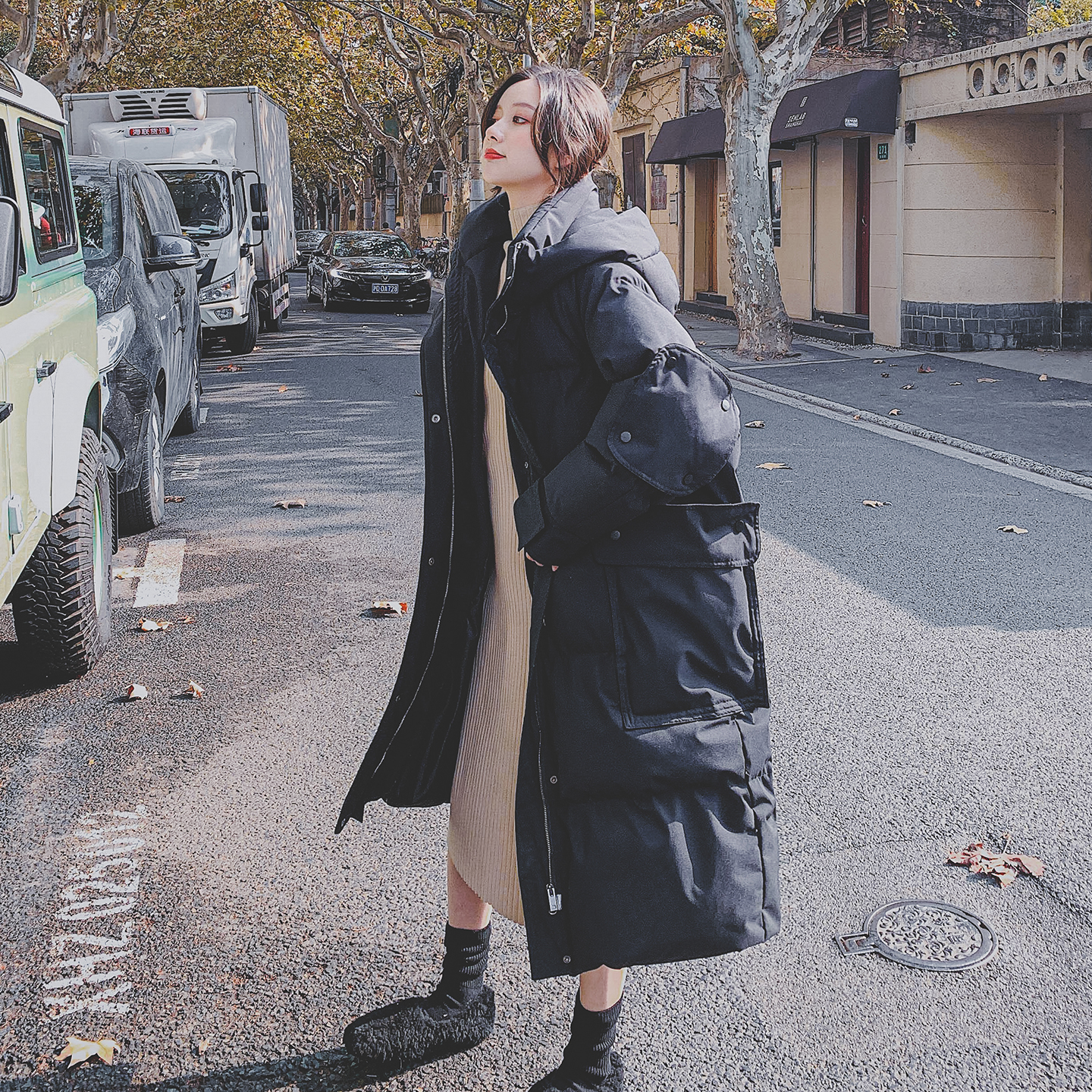 大码胖mm冬季韩版连帽中长款棉服