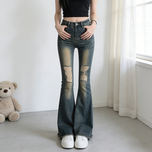 女显瘦弹力做旧水洗喇叭裤 胖mm复古破洞微喇牛仔裤 子 大码 2026夏季