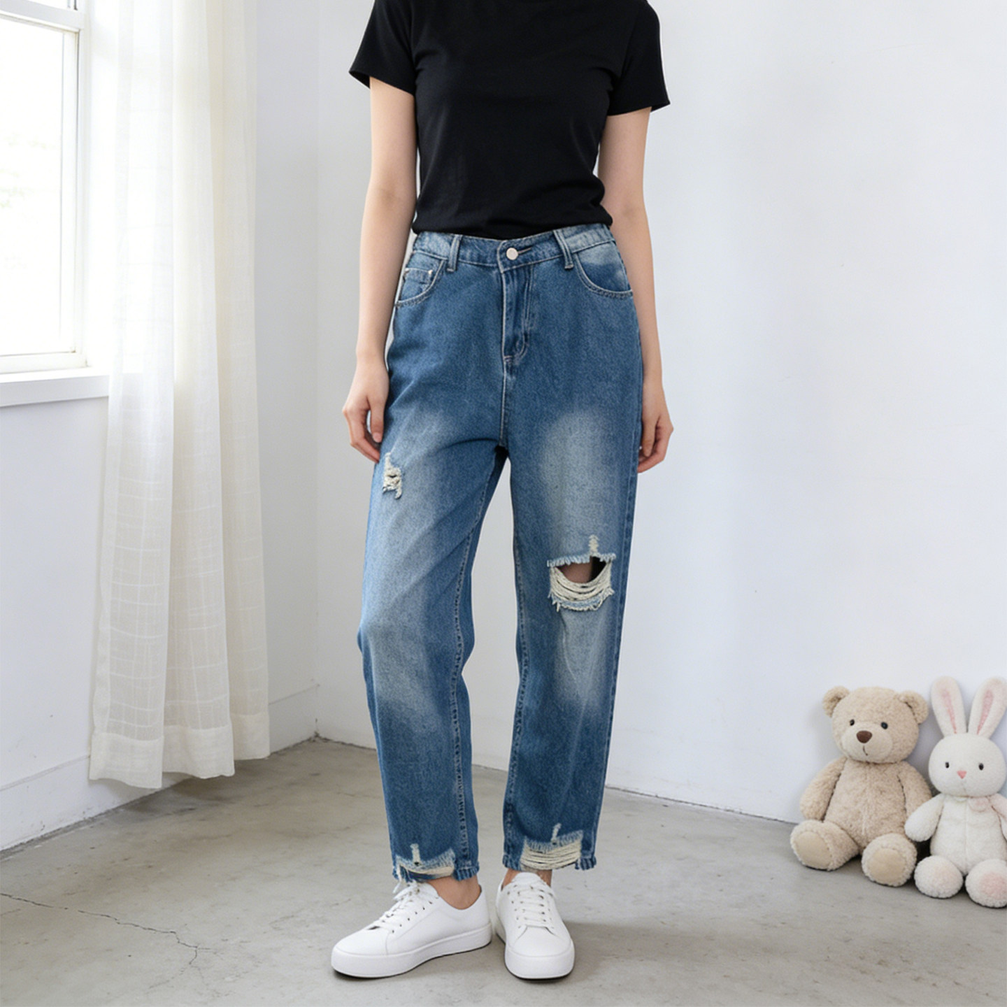 300斤大码胖mm破洞阔腿牛仔裤女夏季高腰宽松显瘦遮肉直筒九分裤