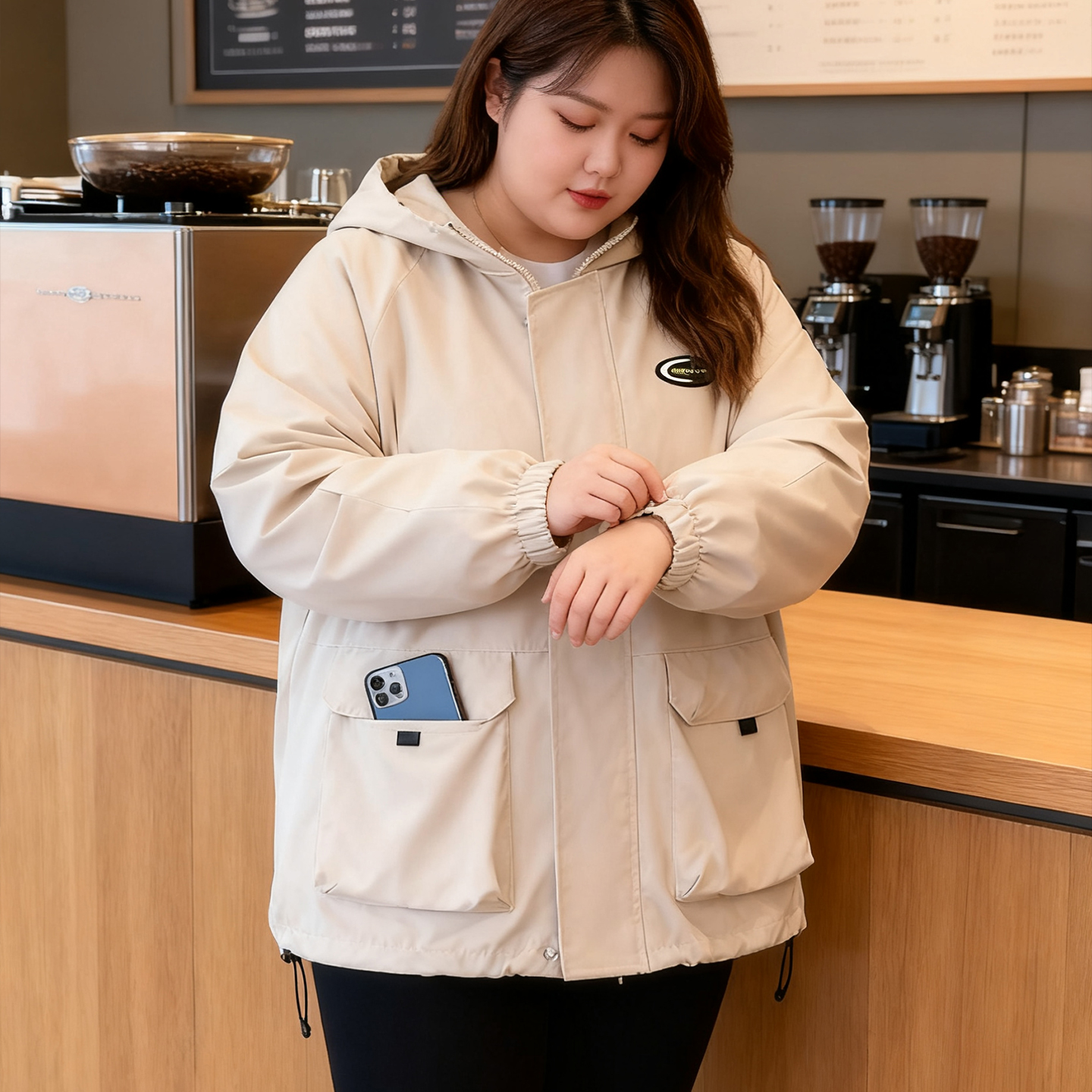大码胖mm连帽工装冲锋衣外套女