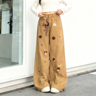 女高腰直筒美拉德穿搭宽松阔腿裤 卡通小熊刺绣牛仔裤 胖mm美式 大码