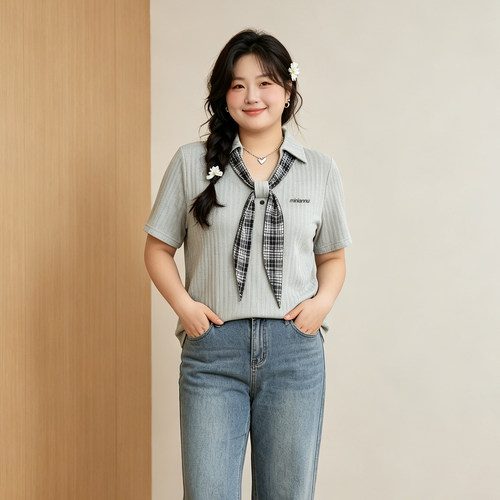 大码格纹领带英文刺绣短袖T恤女