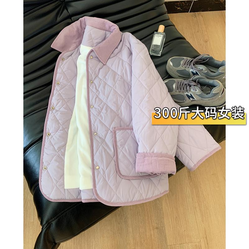 胖mm简约轻薄小香风菱格棉服女