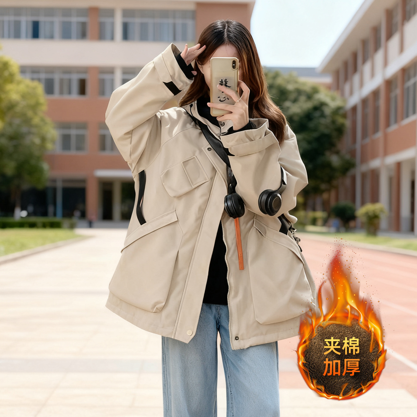 大码胖mm工装夹棉加厚连帽冲锋衣