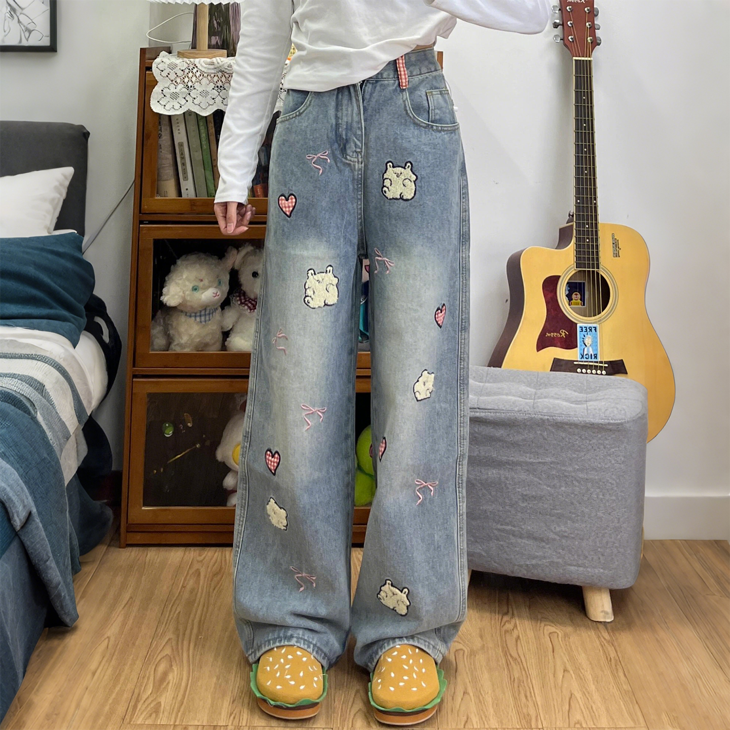 300斤大码美式复古卡通牛仔裤女