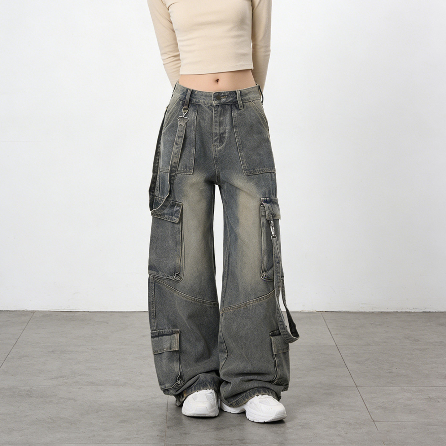 大码胖mm美式高街风复古阔腿牛仔裤女多口袋宽松做旧显瘦工装裤子,女装/女士精品,大码裤装,淘宝优惠券,粉丝福利购,淘宝优惠卷