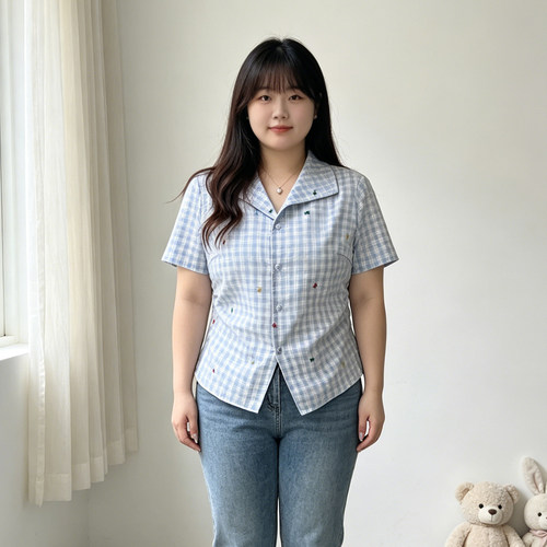 300斤大码胖mm夏季格纹短袖衬衫