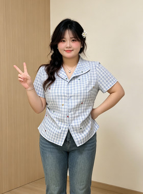 大码胖mm夏季宽松短袖格子衬衫女