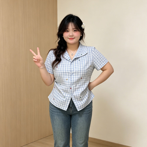 大码胖mm夏季宽松短袖格子衬衫女
