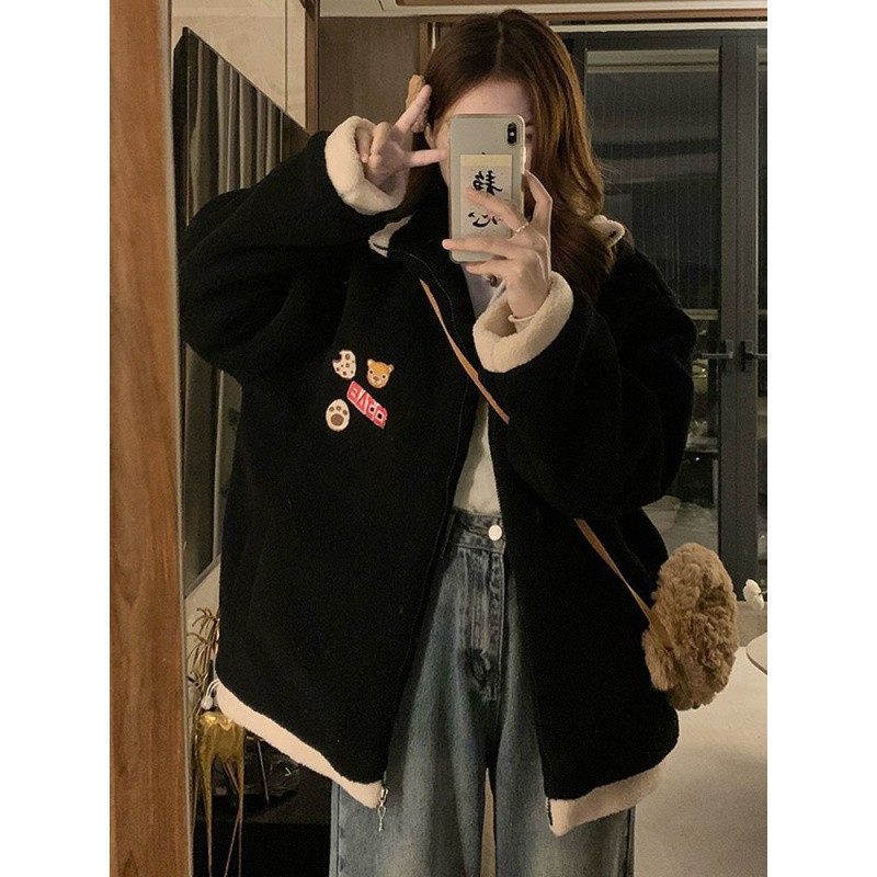 大码胖mm韩系黑色羊羔毛棉服外套