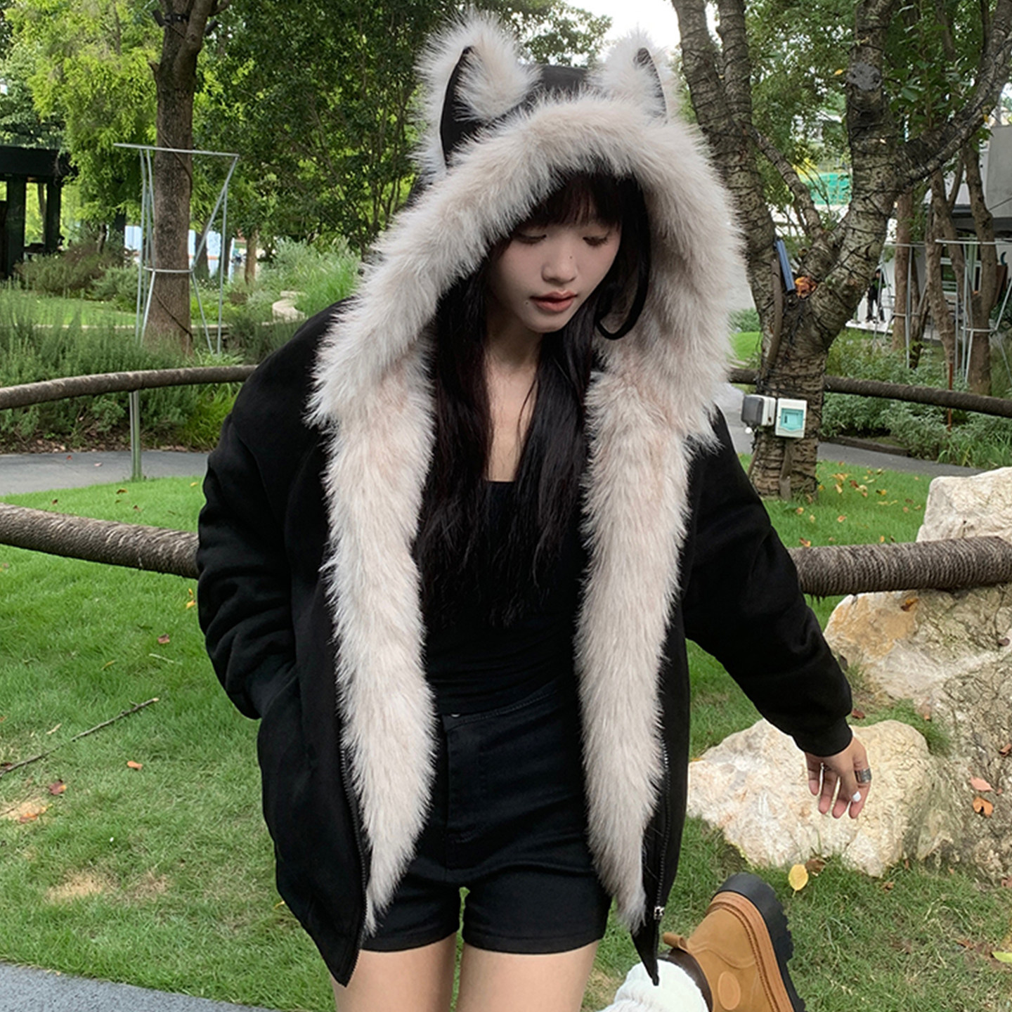 大码女装胖mm座山雕毛领连帽棉衣