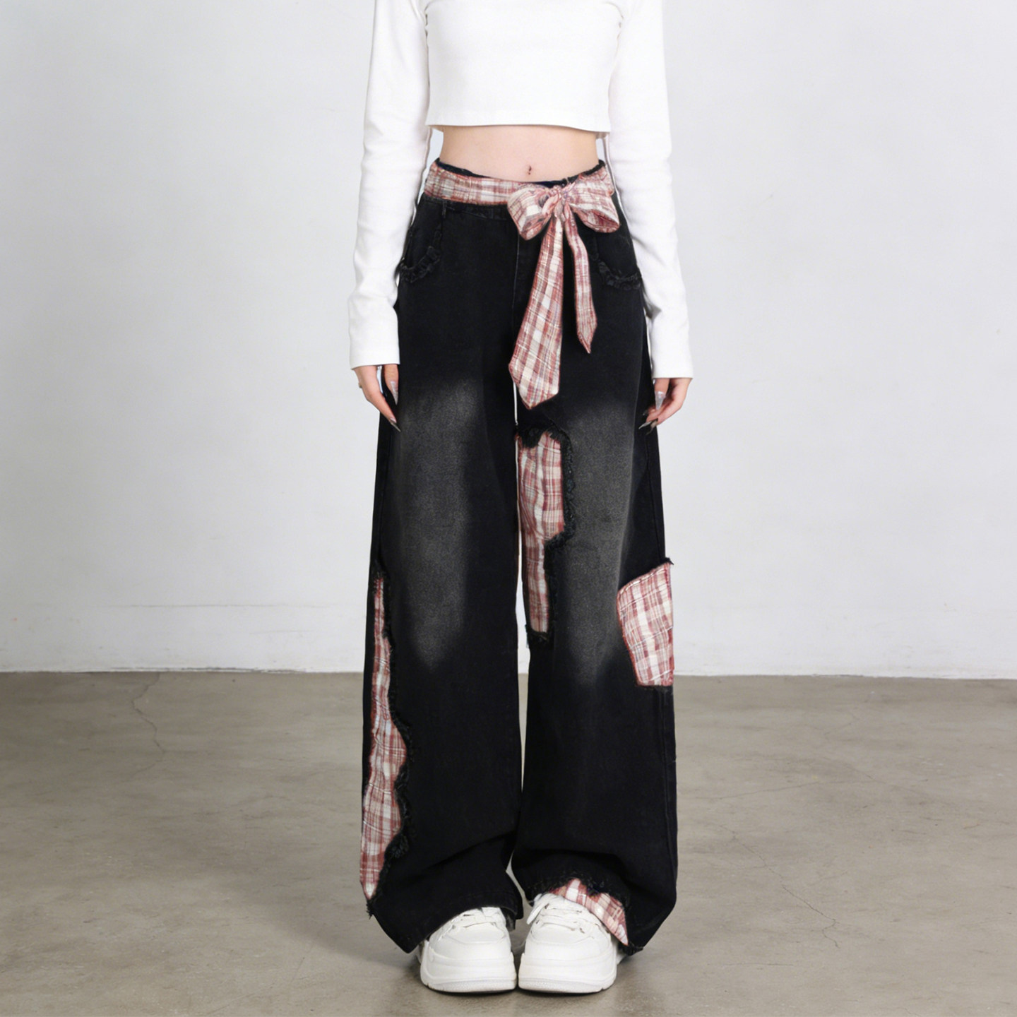 2026春季大码胖mm甜酷少女蝴蝶结绑带格子拼接牛仔裤女显瘦阔腿裤,女装/女士精品,大码裤装,淘宝优惠券,粉丝福利购,淘宝优惠卷