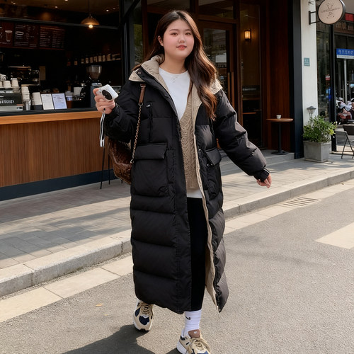 大码女装胖mm黑色超长款羽绒棉服