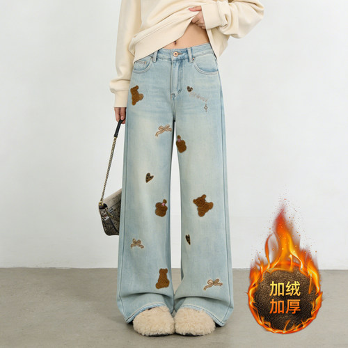大码高腰显瘦加绒小熊刺绣牛仔裤