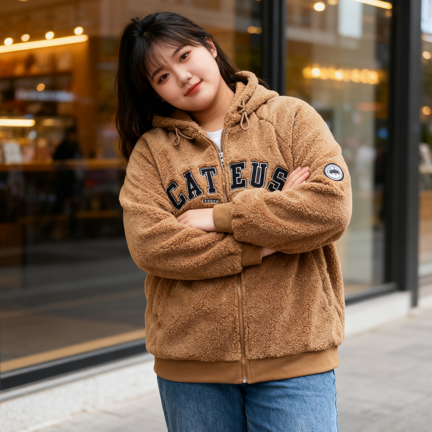 大码女装美式双面穿加厚连帽外套