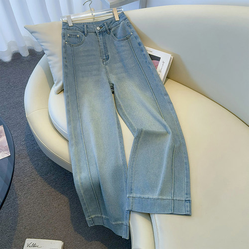 300斤胖mm大码浅蓝色牛仔直筒裤