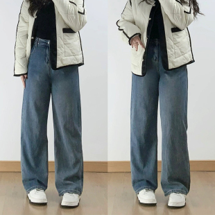 女复古休闲显瘦阔腿裤 胖mm设计感可调节腰围阔腿牛仔裤 子 女装 大码