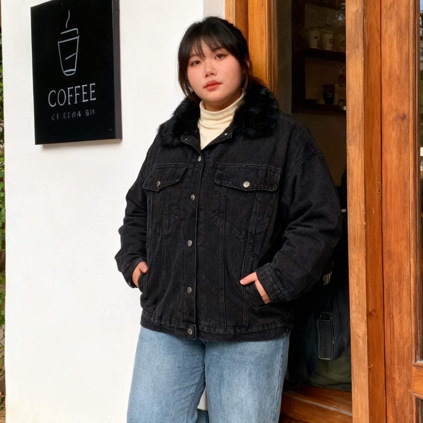 大码胖mm黑色毛领加绒牛仔外套女
