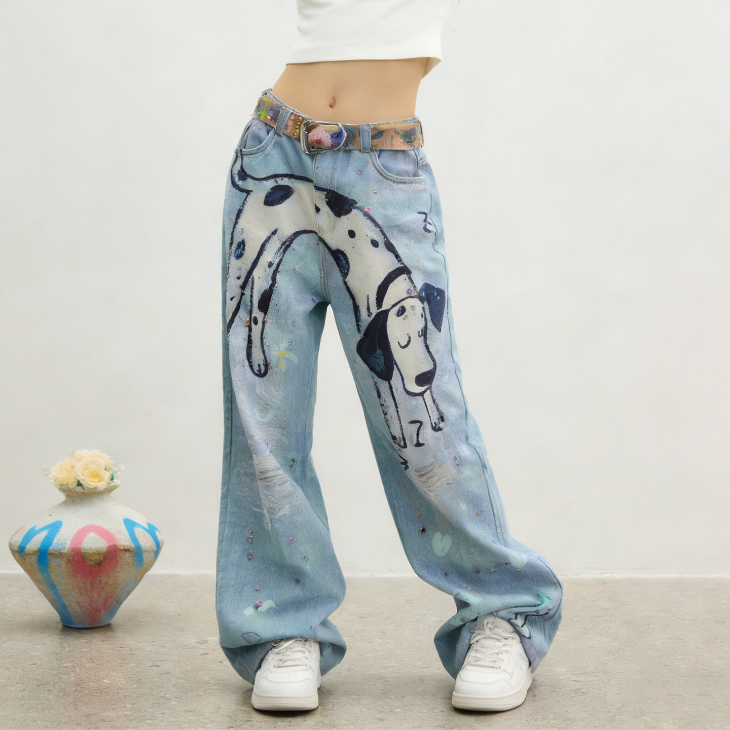 300斤大码胖mm美式趣味涂鸦阔腿牛仔裤女高腰宽松休闲百搭直筒裤,女装/女士精品,大码裤装,淘宝优惠券,粉丝福利购,淘宝优惠卷