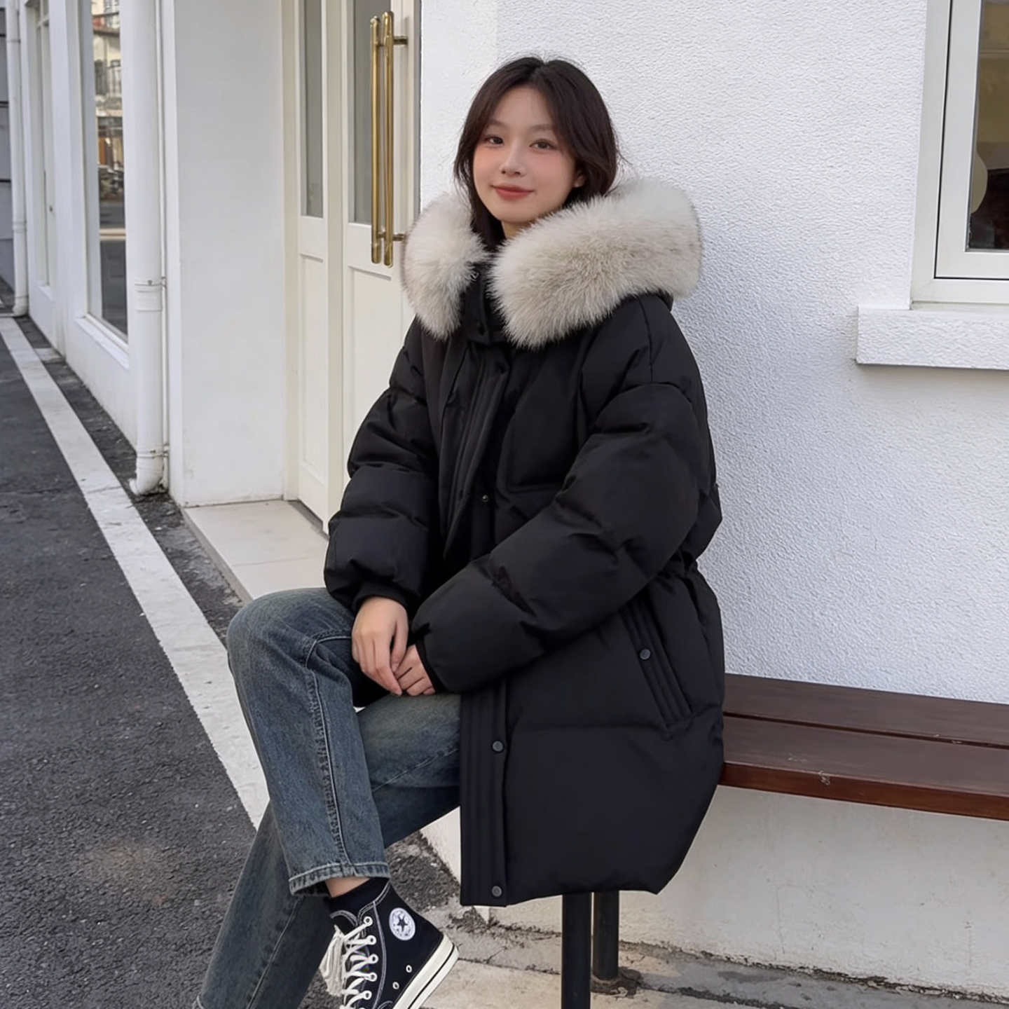 大码胖mm黑色连帽大毛领加厚棉衣