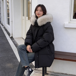 大码 加厚保暖宽松棉衣外套潮 胖mm黑色学院风连帽大毛领棉服女冬季