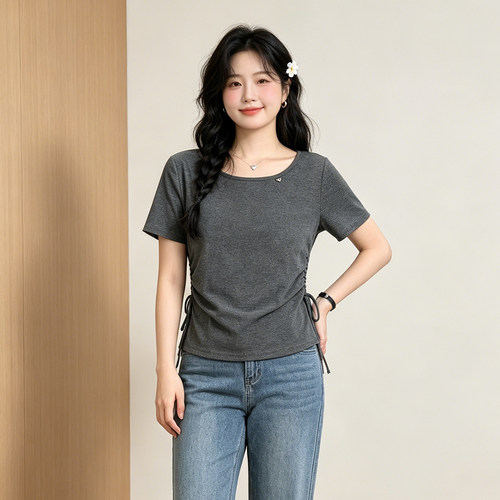 大码圆领正肩抽绳掐腰短袖T恤女