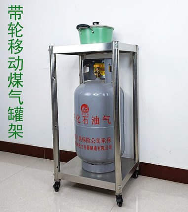 厨房不锈钢带刹车轮二层煤气罐灶台架可移动组装整理收纳微波炉架