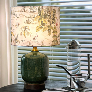 美式台灯高档卧室床头灯复古绿色客厅书房高级感花鸟陶瓷布艺装饰
