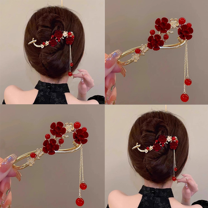 红色梅花流苏扭扭夹女2025新款一字发夹女后脑勺新年古风新娘头饰