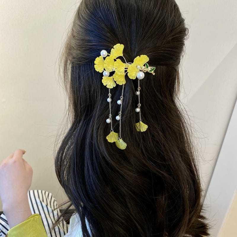 银杏叶侧边夹子发夹刘海夹时尚复古珍珠流苏鸭嘴夹一字夹