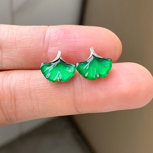18k金镶嵌天然冰种满色阳绿翡翠三生有幸耳钉 女款钻石耳坠带证书