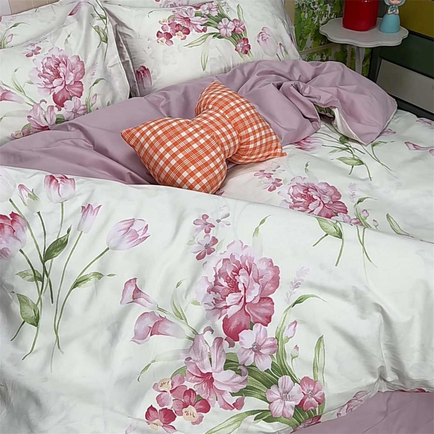 单品被套全棉斜纹四件套100纯棉浅色大花国风复古牡丹花田园简约4