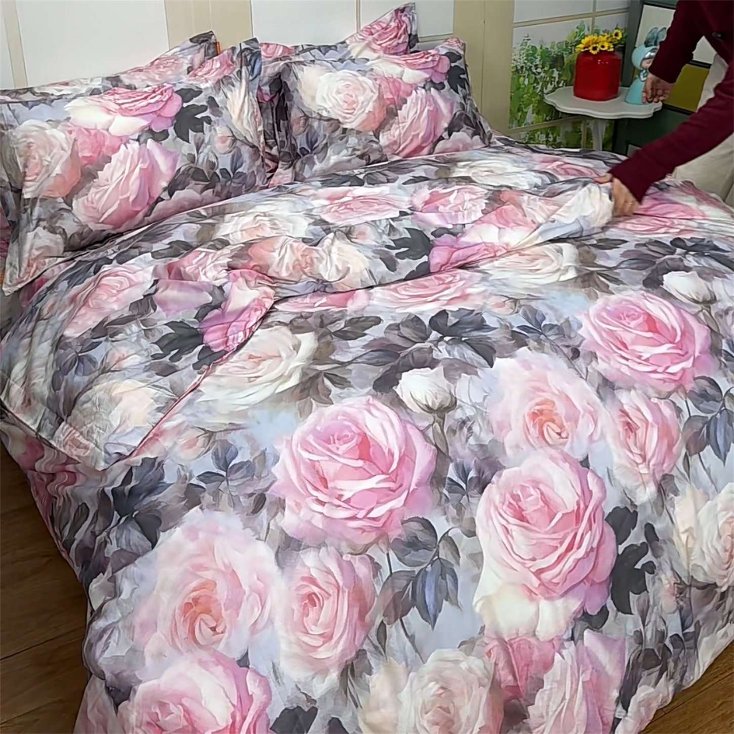 浪漫玫瑰花3D立体满床大花全棉四件套100纯棉床单被套牡丹花复古