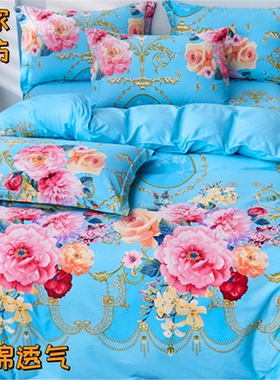 蓝色浪漫大花四件套纯棉100全棉牡丹玫瑰3D立体轻奢床单被套美式