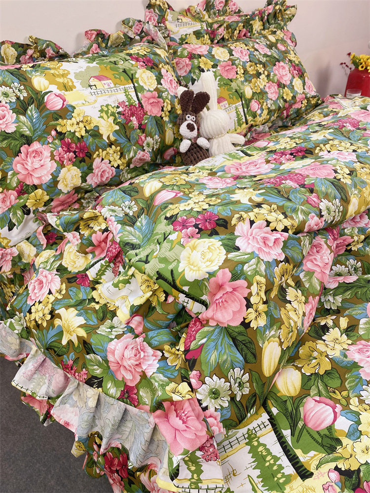 韩版花边床单被套床上用品四件套纯棉100全棉绿色玫瑰花耐脏菲边