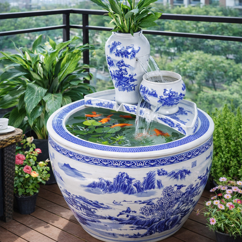 青花瓷水缸生态古法鱼缸客厅阳台金鱼缸瀑布循环流水造景过滤增氧