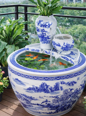 景德镇青花瓷瀑布循环过滤鱼缸