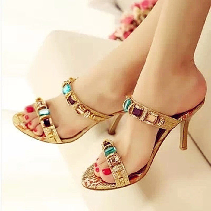 夏季高跟细跟性感中跟水钻凉拖鞋