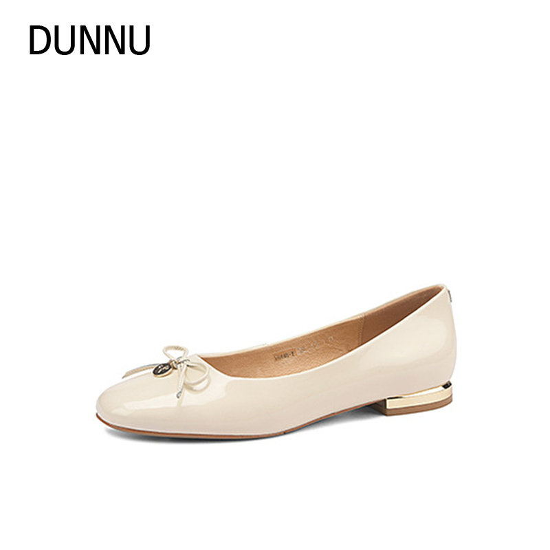 dunnu女鞋春季漆皮圆头单鞋浅口蝴蝶结芭蕾平底鞋女