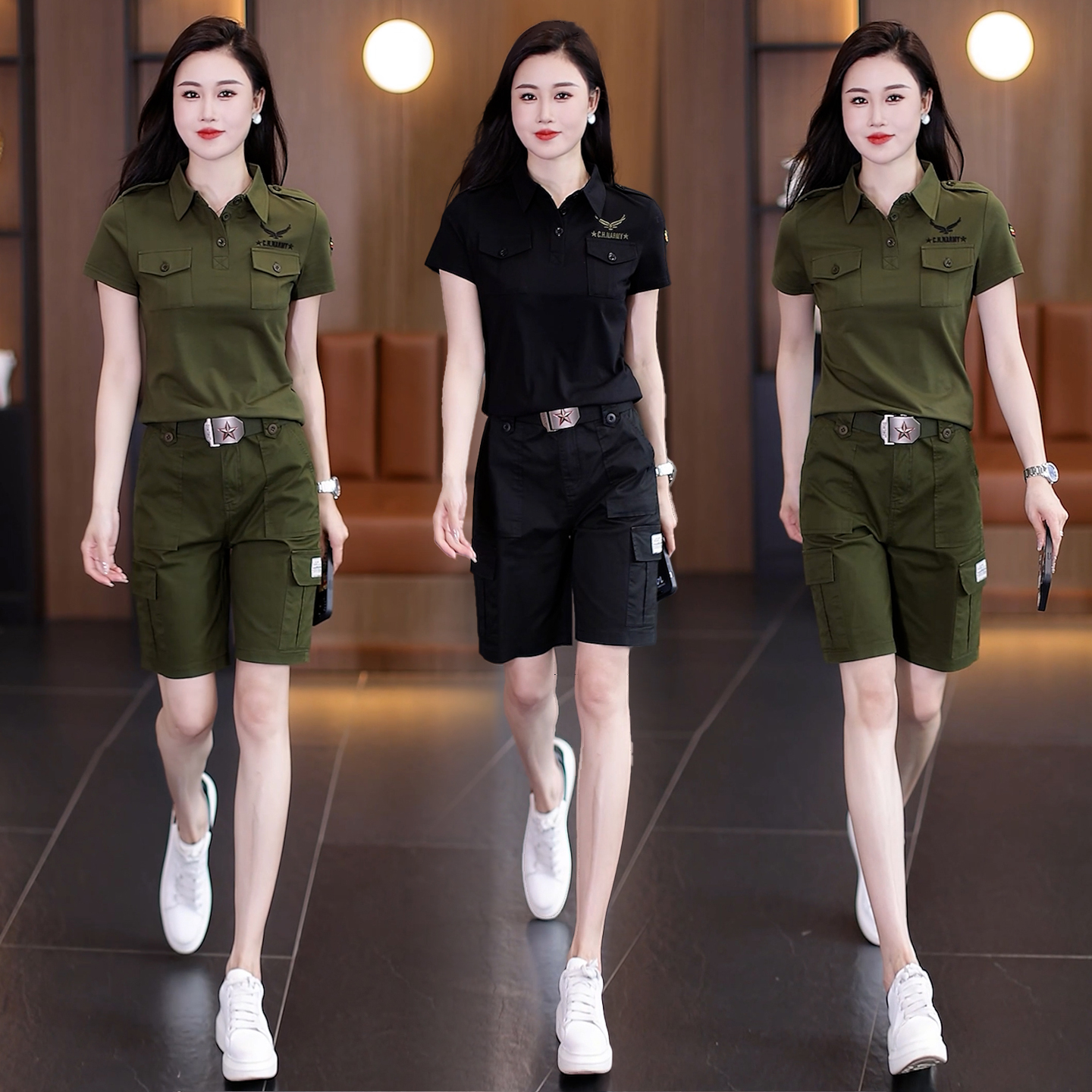 夏季新款迷彩服套装女短袖T恤军绿直筒短裤黑色显瘦工装两件套潮