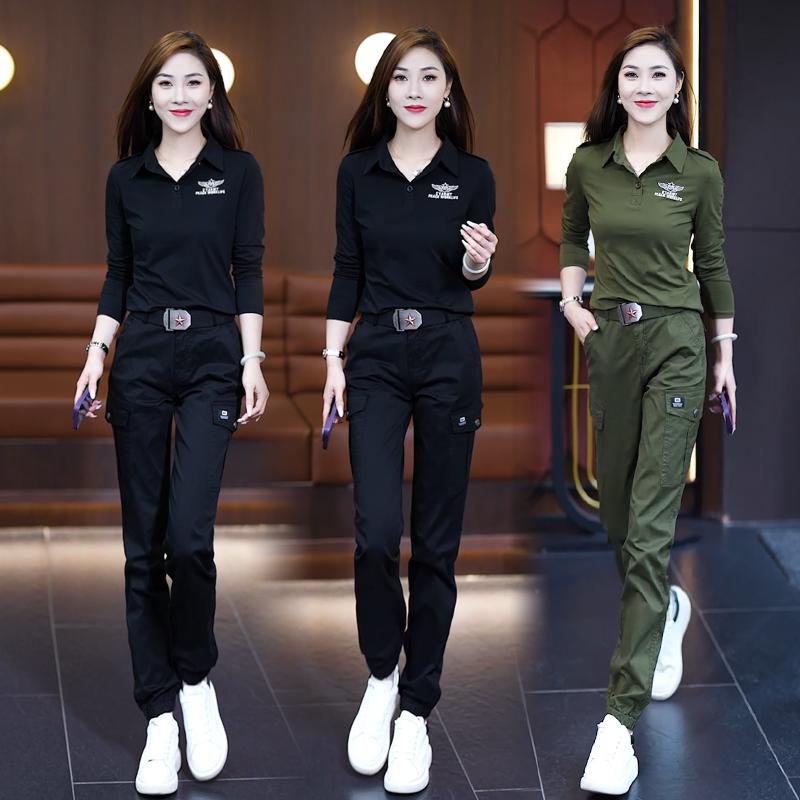 春秋新款迷彩服套装女翻领长袖T