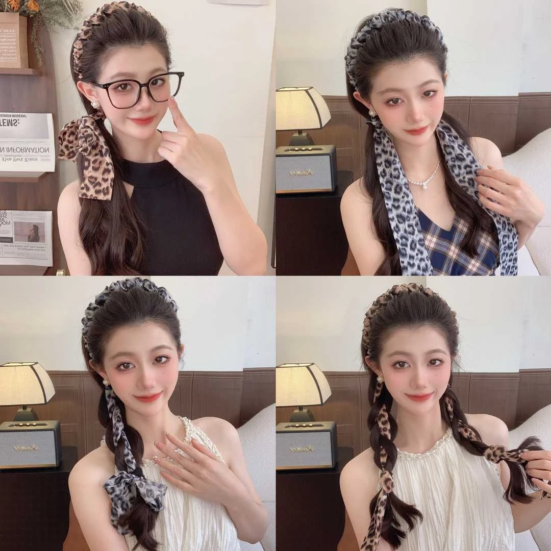 时尚豹纹飘带发箍女高级感